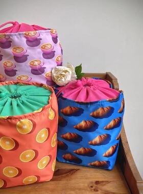 68包邮｜出口欧美外贸橘色橙子蓝色牛角面包粉色咖啡抽绳收纳袋