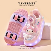 子学生飞行鞋 库洛米暴走鞋 女童四轮可伸缩儿童闪灯发光暴走轮滑鞋