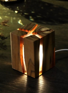 创意桌面卧室裂纹灯ins风氛围装饰实木摆件北欧设计礼物LED小夜灯