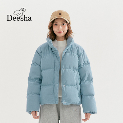 笛莎官旗2025冬季新款青少年女孩加厚外套短款立领灯芯绒羽绒服女