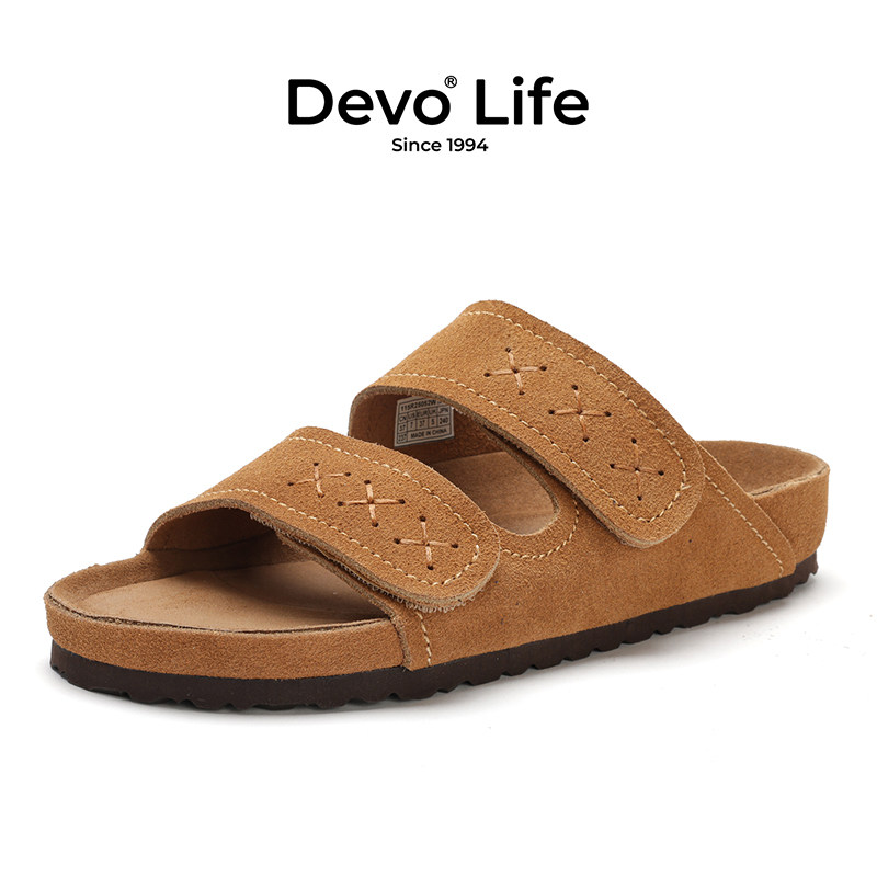 Devo/的沃软木拖鞋外穿休闲凉鞋夏季简约双带一字拖25052