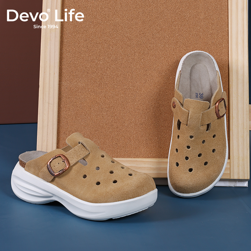 增高厚底坡跟洞洞鞋Devo/的沃