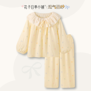 春秋纯棉纱布100棉甜美花边长袖 睡衣女款 家居服套装 小奶包