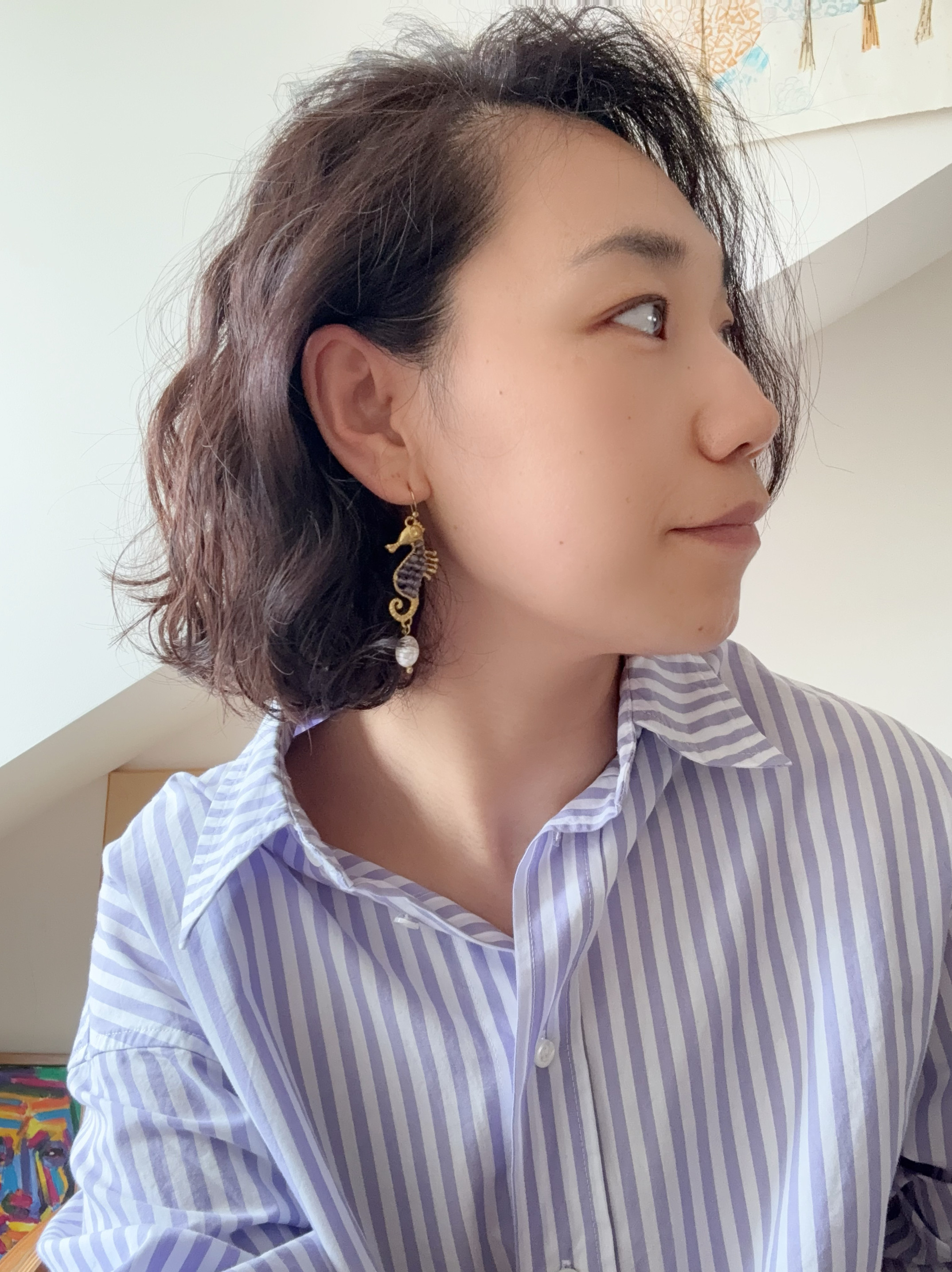 清迈原创设计师手工黄铜镶嵌紫水晶珍珠流苏博主时髦高级能量耳坠