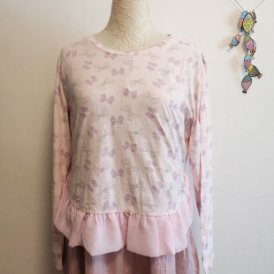 可爱甜美蝴蝶结图案薄软针织上衣女 春秋季 外贸日单长袖 家居上衣