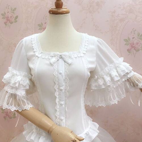 lolita伊丽娅春夏新款洋装LOLITA方领雪纺蕾丝姬袖短袖衬衫