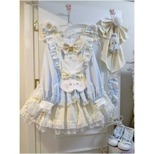 甜美可爱软萌Lolita洛丽塔蕾丝蓬蓬连衣裙蝴蝶结小猫围裙两件套女