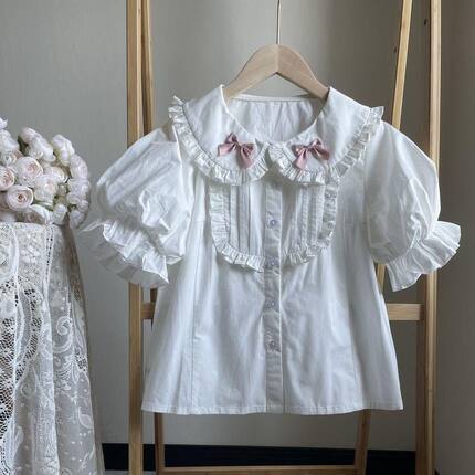 lolita内搭领泡泡袖衬衫Lolita甜美内搭可爱蝴蝶结纯白色打底上衣