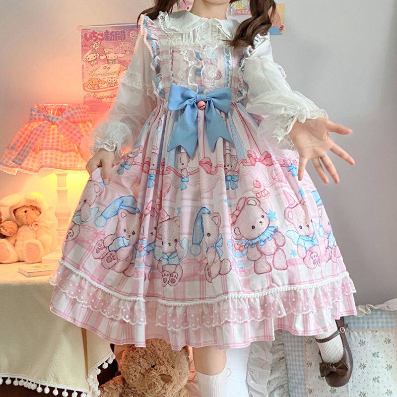 现货lolita甜妹连衣裙胖mm洛丽塔显瘦JSK吊带裙大码长袖衬衫套装