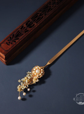 仿点翠烧蓝盘发簪珍珠头饰古风