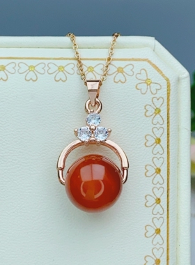 正品玛瑙玉髓转运珠吊坠红玉石12mm圆珠气质玫瑰金项坠锁骨坠F862