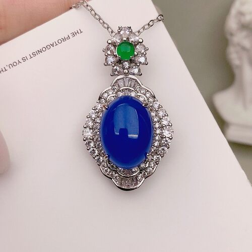 蓝玉髓项链玛瑙坠石吊鸽子