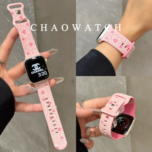 山茶花雕刻适用于苹果手表表带s11代apple女款iwatch109876硅胶se