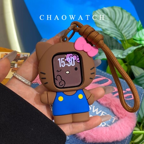 黑皮kitty挂绳式适用于苹果手表s11保护壳iwatchs9876s10代se软套