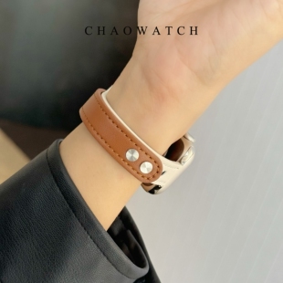 适用苹果手表表带s10代apple女iwatch9细款皮质876夏天se红色