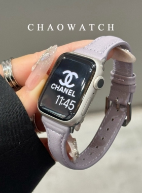 真皮黑紫色适用于苹果手表表带s11代apple女iwatch109876细款se