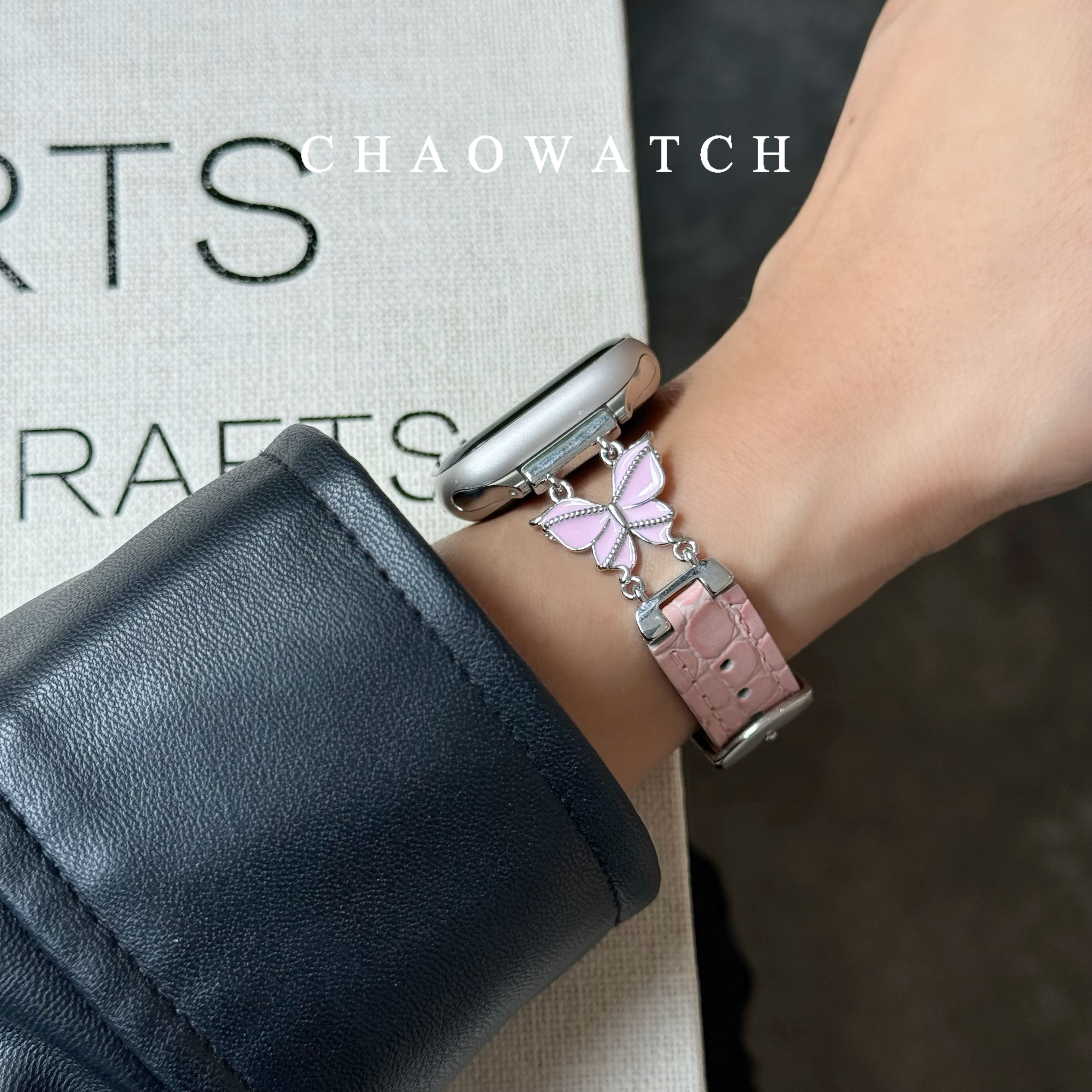 适用苹果手表表带s10代apple女款iwatch9蝴蝶拼皮质876夏天se真皮