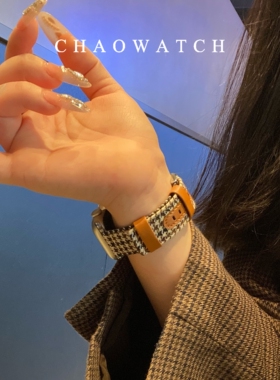 复古千鸟格布皮质适用于苹果手表表带s11代apple女iwatch109876se