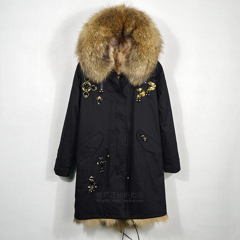 潮牌定制手工钉珠派克服女长款黑色显瘦修身大毛领连帽狐狸毛皮草,女装/女士精品,派克服,淘宝优惠券,粉丝福利购,淘宝优惠卷
