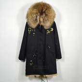 潮牌定制手工钉珠派克服女长款 黑色显瘦修身 大毛领连帽狐狸毛皮草