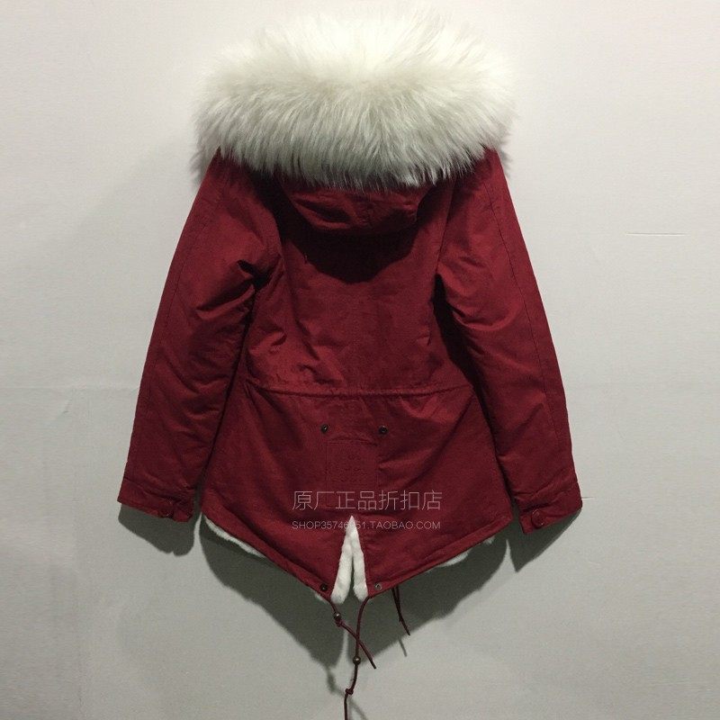 MRS FURS冬新品大码女士尼克服酒红真獭兔毛短款大毛领派克皮草潮