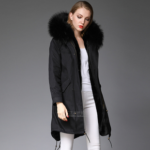 明星同款大码女士加厚绒棉衣黑色显瘦修身长款真毛领可拆卸派克服