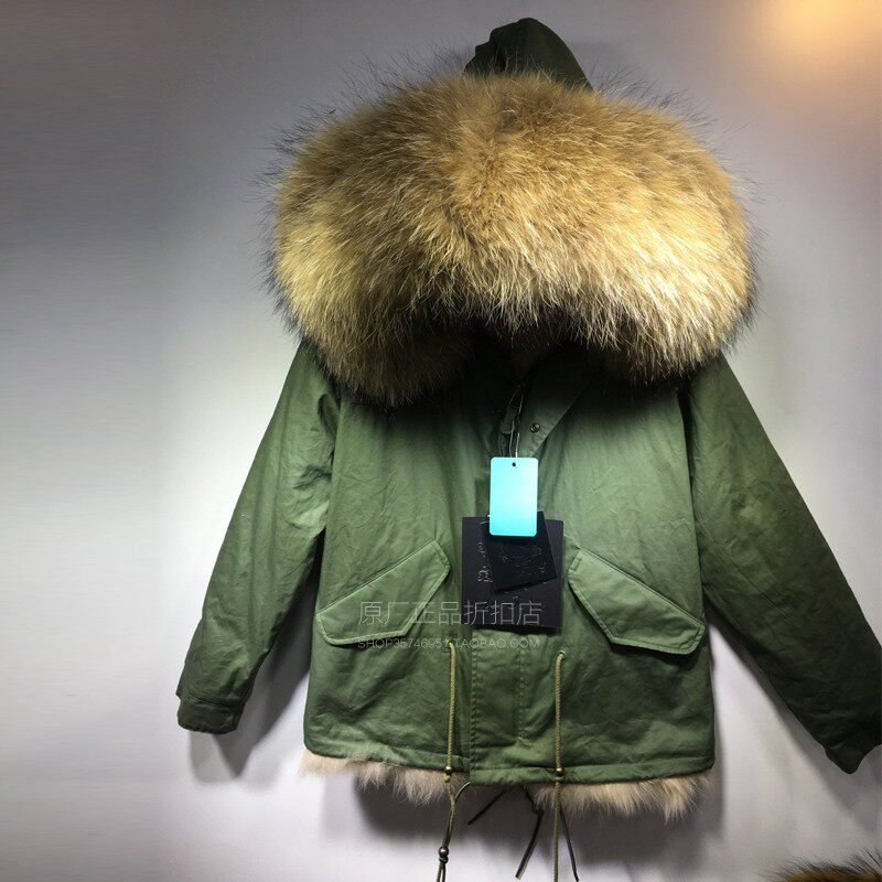 抖音潮牌大码男士棉服军绿短款大毛领可拆自然色狐狸毛派克服真毛