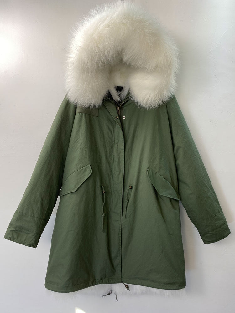潮牌冬新品明星款白色狐狸毛派克服女士长款军绿色休闲宽松大毛领