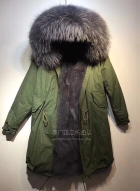 大码男士狐狸毛派克服军绿色长款潮牌真貉子大毛领明星情侣款皮草