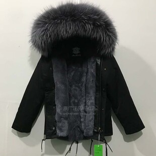 INS潮牌派克王黑色大码男士水貂毛皮草派克大衣短款大毛领尼克服