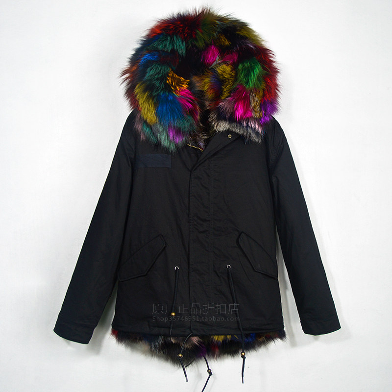 潮牌定制七彩狐狸毛皮草女冬新品大毛领可拆连帽黑色显瘦显高短款