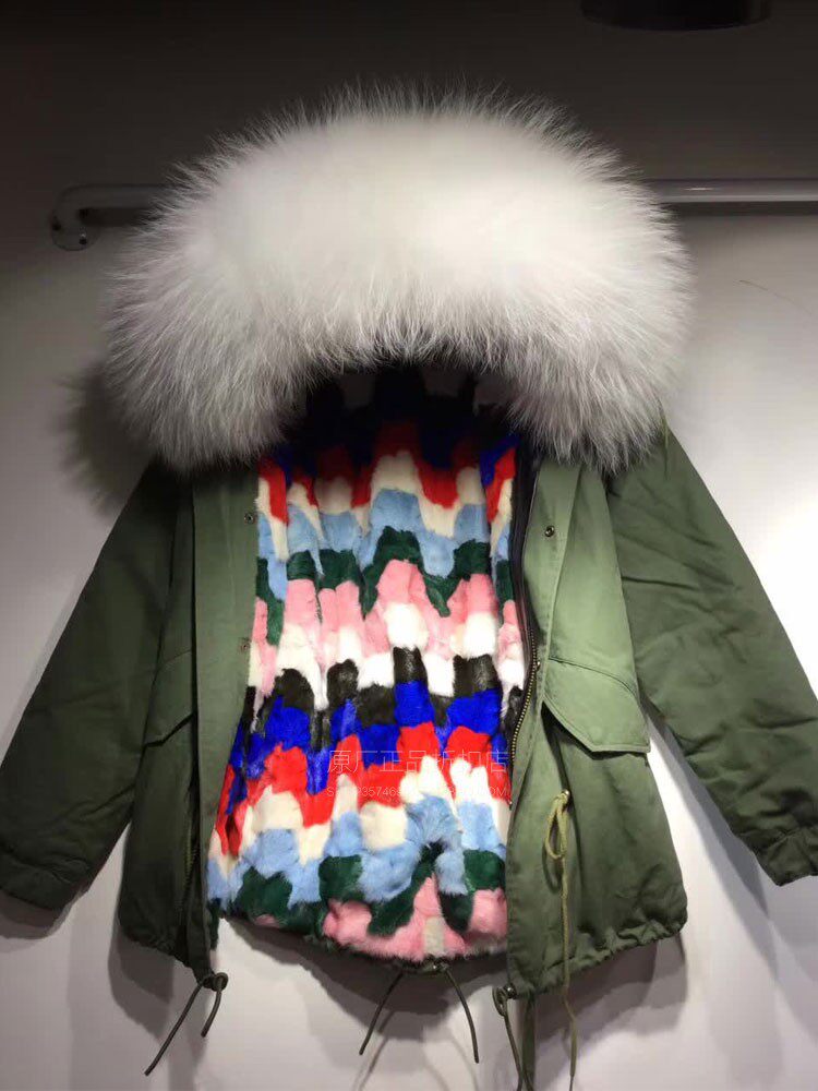 彩色格子水貂毛皮草派克服女短款