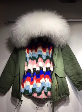 彩色格子水貂毛皮草派克服女短款