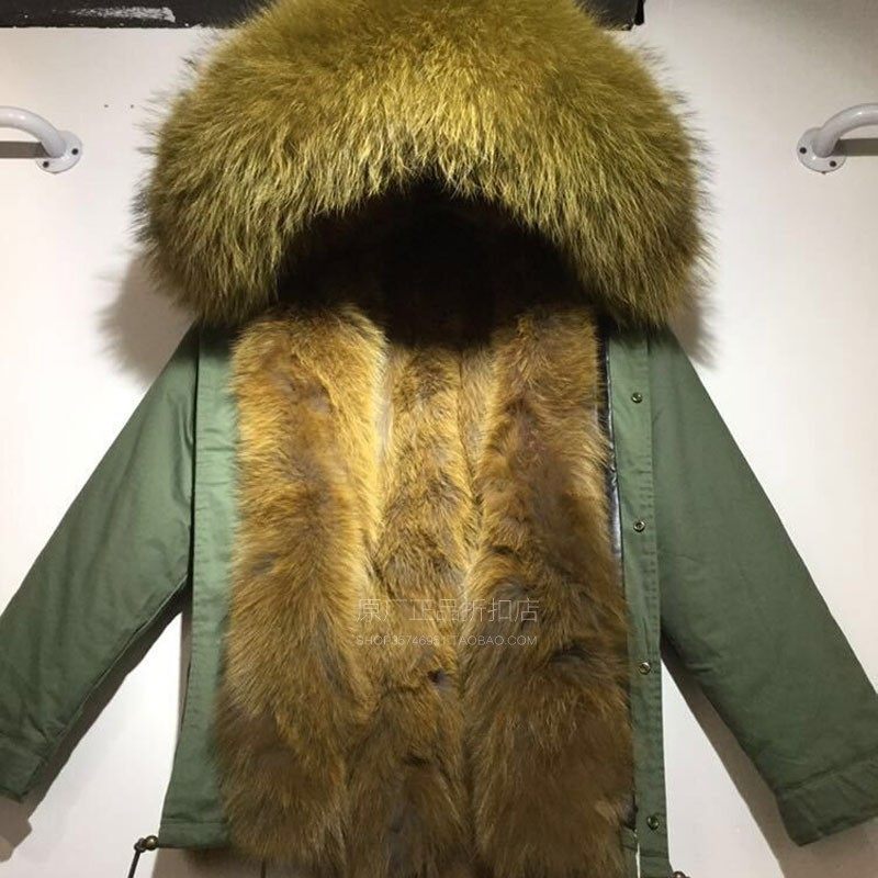 大码男装短款暗绿狐狸毛皮草外套潮牌冬新品加厚大毛领工装派克服