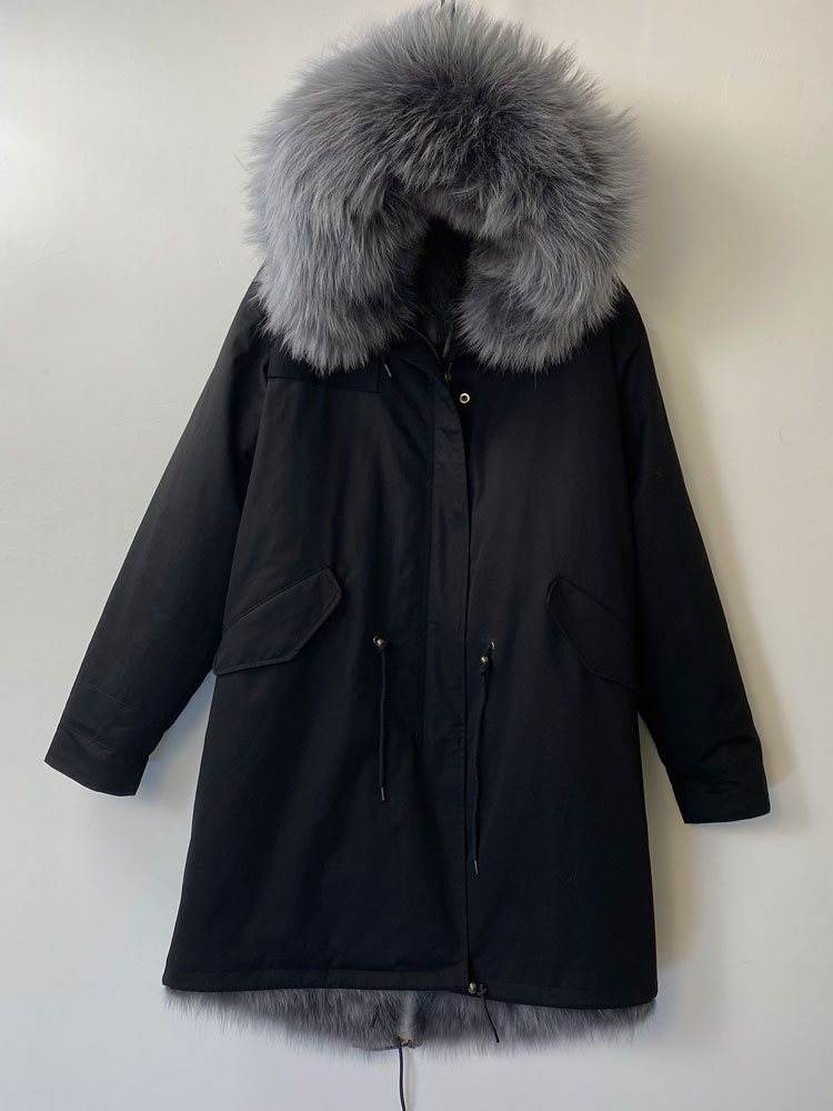 男士黑色长款狐狸毛皮毛一体