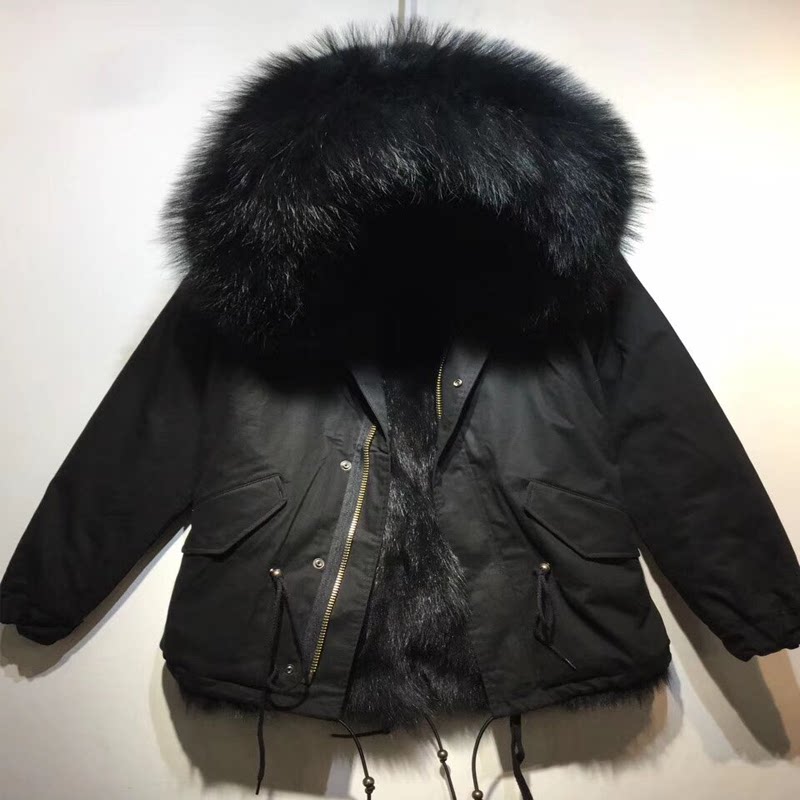 黑色狐狸毛皮草短款男士大码棉服大毛领可拆尼克服矮个子真毛派克