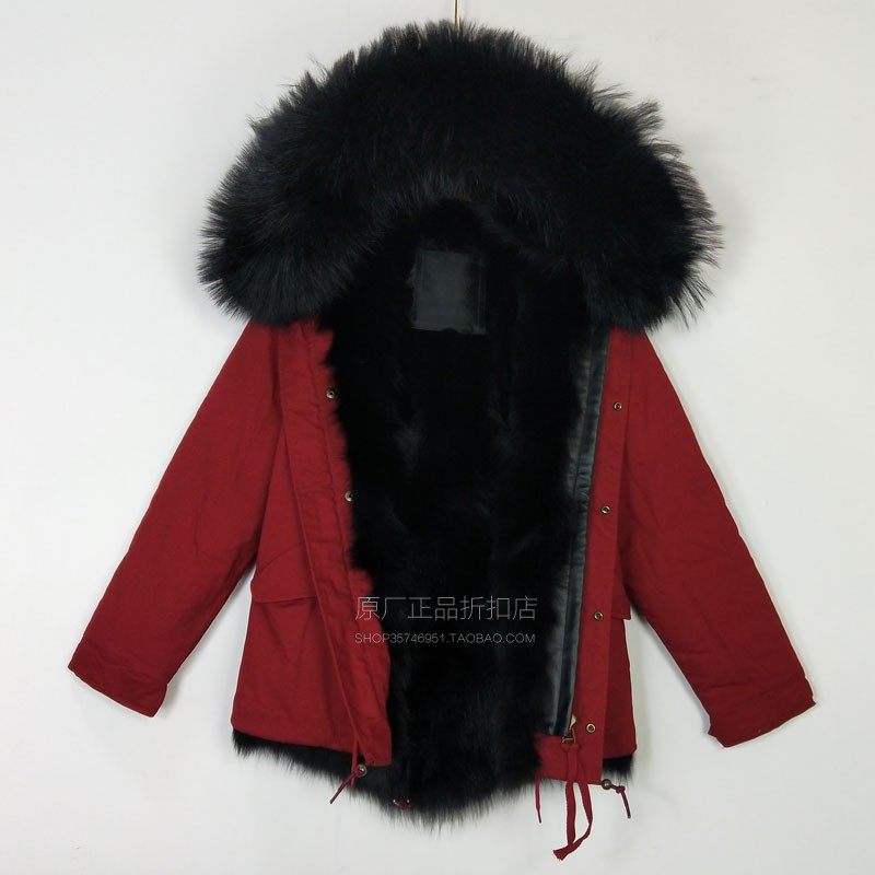 INS潮牌冬新品派克王女装大码短款黑色狐狸毛皮草大毛领红色棉服