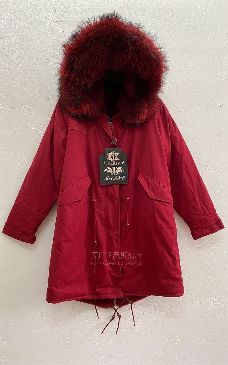 2024冬季潮牌新品女士加厚酒红派克服长款真毛领连帽加厚新年棉服