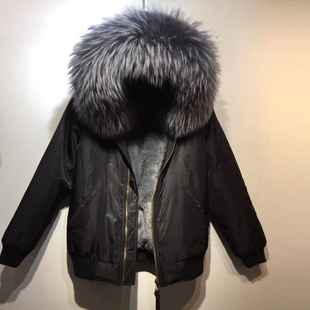 INS潮牌女装 飞行夹克棒球服灰色大毛领可拆派克防水加厚棉服 皮草