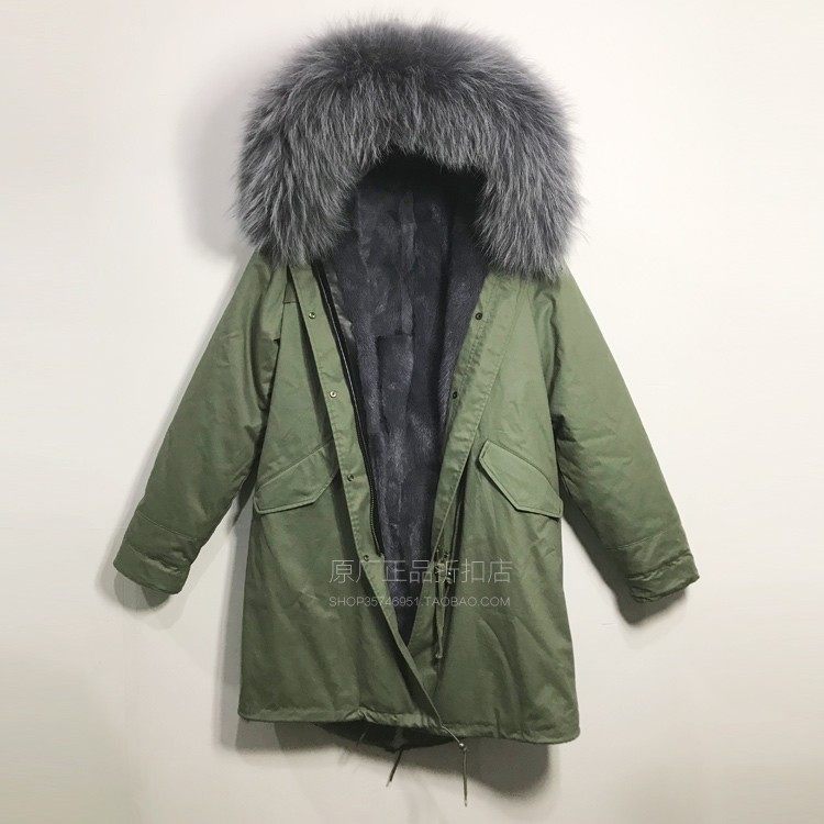 大码男士水貂毛派克服长款潮牌冬季新品军绿色皮草大毛领可拆皮草