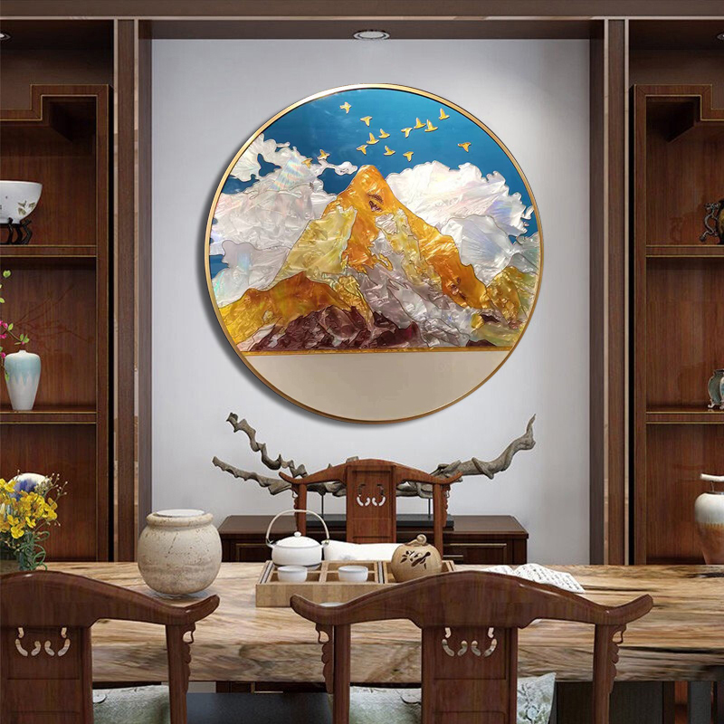 纯手绘新中式珐琅彩圆形装饰画现代轻奢沙发背景墙玄关卧室挂画图片