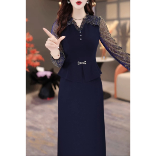 长袖高档V领假两件连衣裙女2026春秋新款轻奢高级感妈妈显瘦裙子