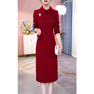 高端长袖假两件连衣裙女2026春秋新款洋气喜婆婆妈妈婚宴礼服裙子