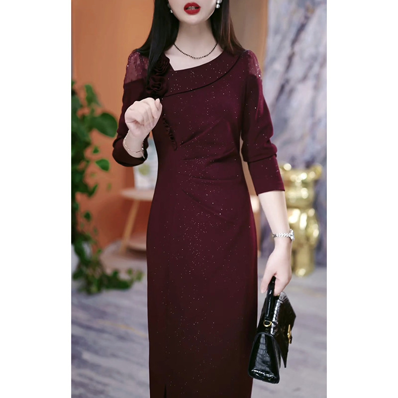 广州十三行爆款长袖连衣裙女2026春秋新款喜婆婆婚宴高档妈妈裙子