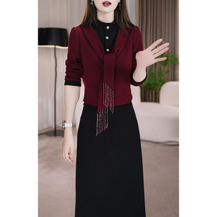 气质配大衣长袖连衣裙女2026春秋季新款高级感妈妈假两件婚宴裙子