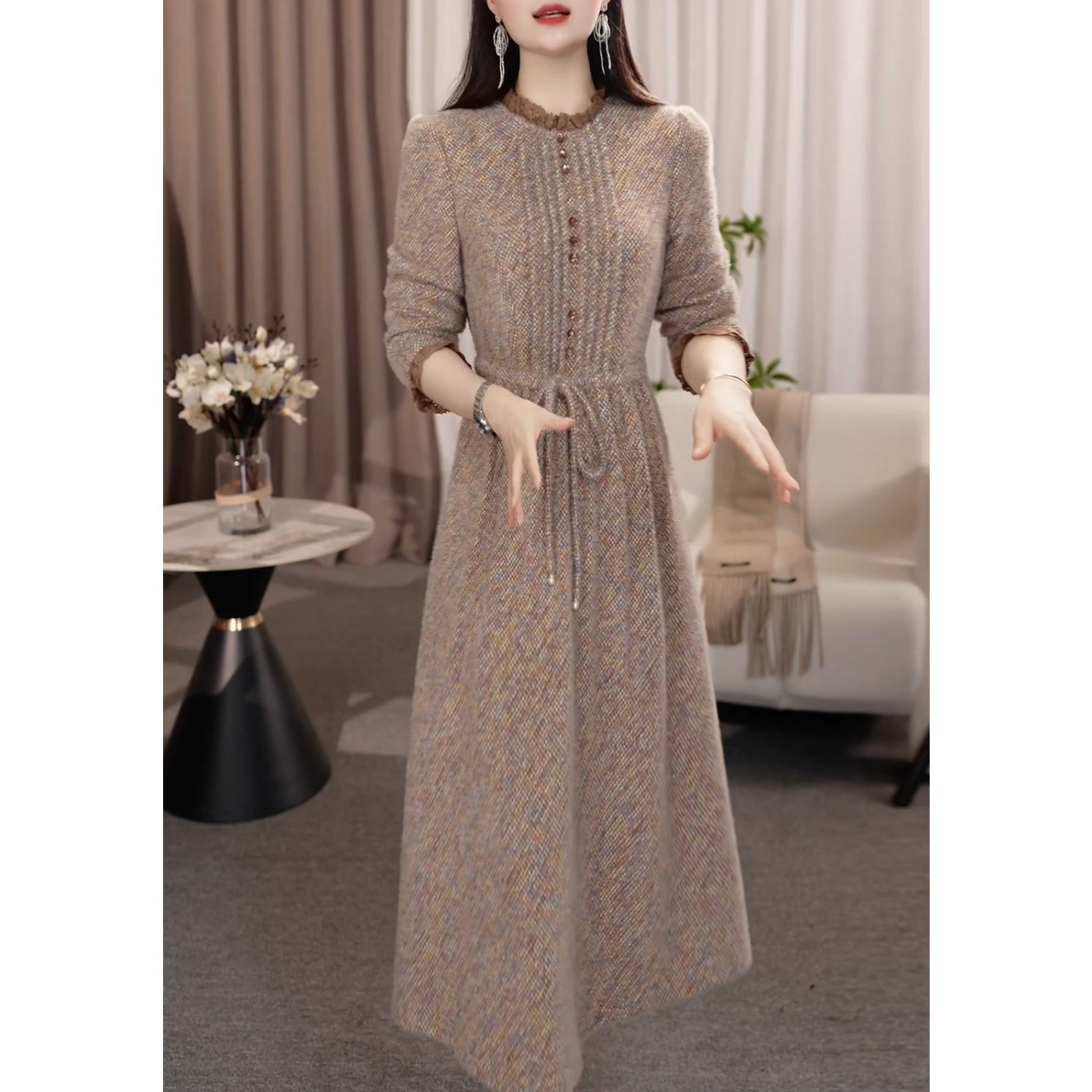 气质配大衣长袖加厚连衣裙女