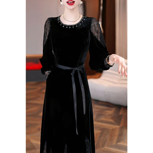 今年流行爆款长袖连衣裙女2026春秋新款高档妈妈收腰显瘦黑色裙子