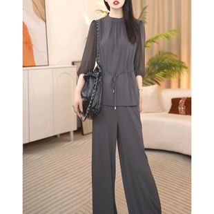 高档七分袖两件套女2026新款春秋流行妈妈显瘦阔腿裤时尚休闲套装