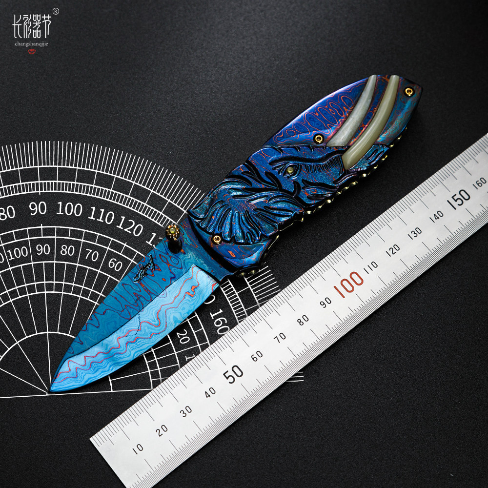 长衫器节象魄苍穹之灵折刀名匠舒恰特.江塔隆烤蓝大马士革艺术刀