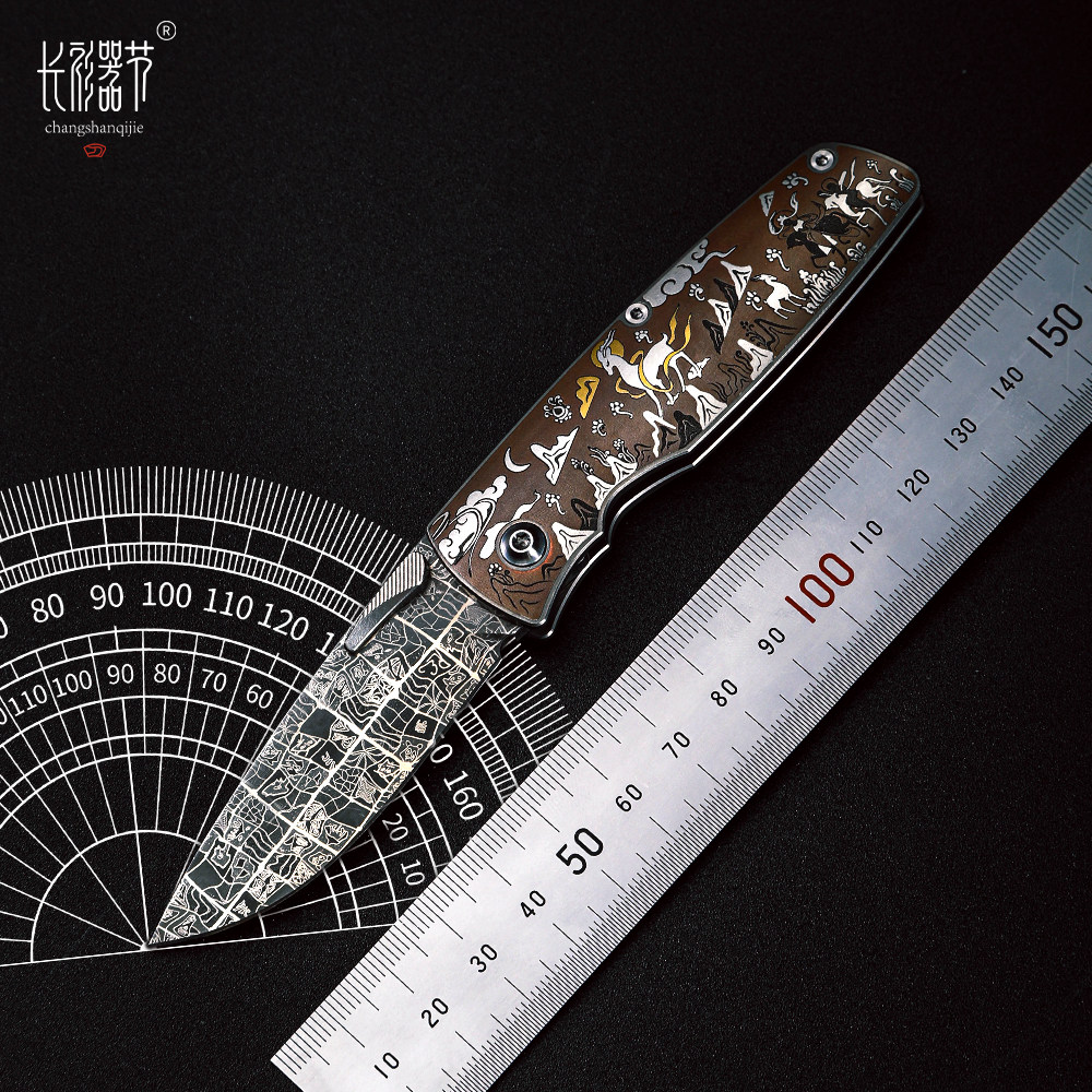 巴赫工作室[九色鹿]艾格林人脸纹折刀非遗铁翦金錾刻镶金银收藏刀